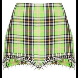 Area Green Plaid Skirt with Studded Hem